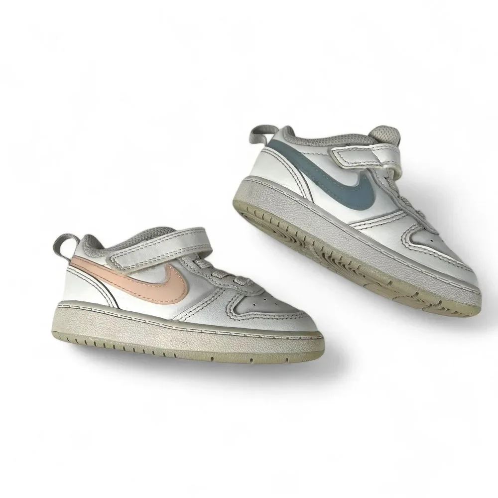 Nike Kids White Sneakers with Blue and Pink Swooshes